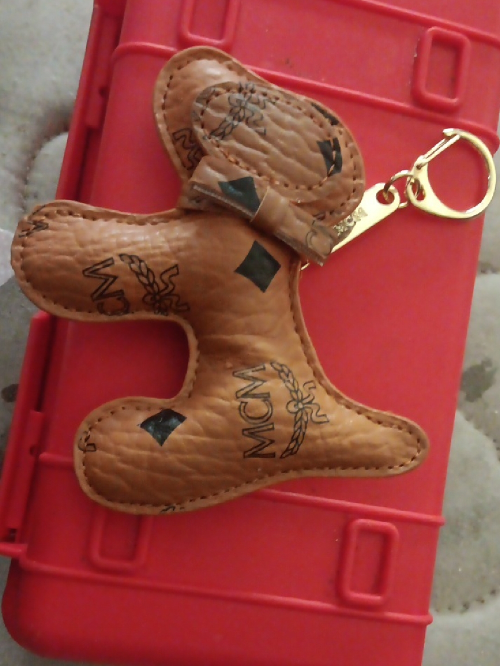 MCM Brown Logo Dog Key Charm with Gold Hardware